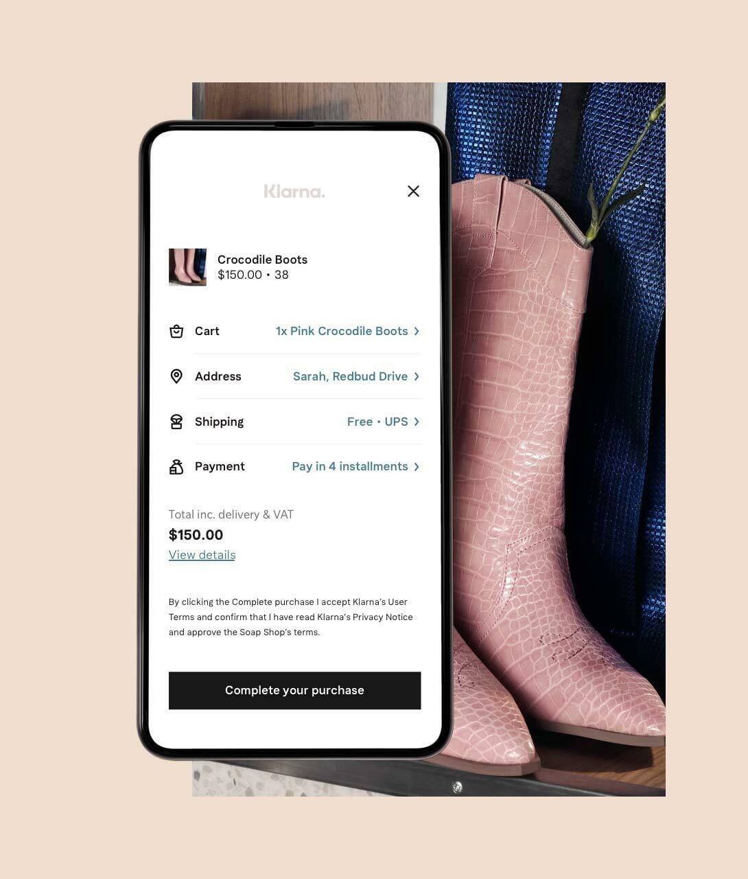 Klarna's Complete your purchase screen over cowboy boots