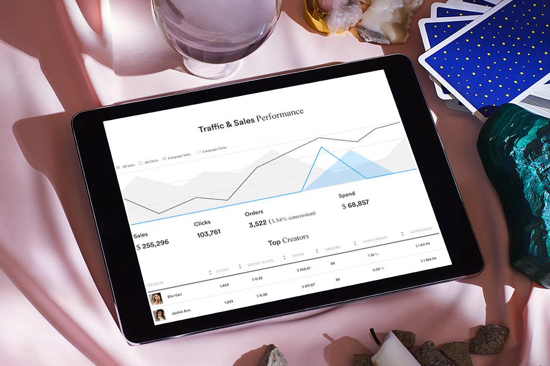 Influencer marketing platform user interface showing graphs and charts