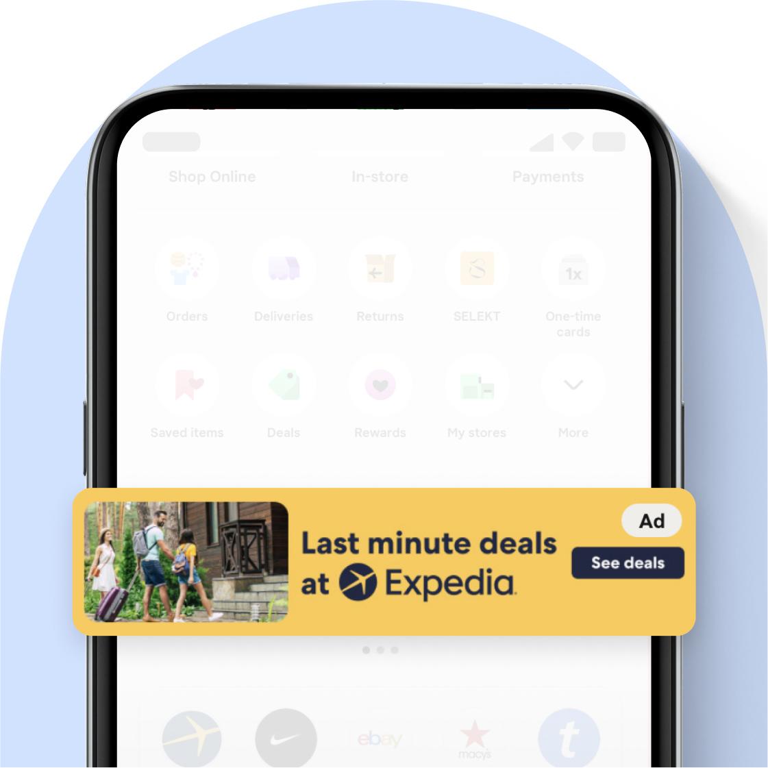 Stores or products; showing screen with expedia highlighted