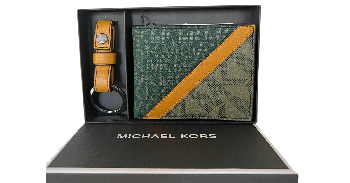 Michael Kors Gifting Slim Green/Marigold Signature Bifold with Key Fob Box  Set • Price »