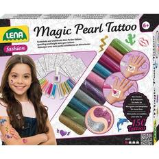 Lena 42442 Fashion Magic Beads Tattoo, Craft Set for Styling with Mini Beads in 10 Colours for 150 Tattoos, 200 Stencils, Fashion Set Magic Pearls, Washable Body Jewellery for Children from 6 Years