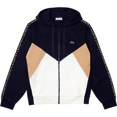 Lacoste Hooded Colorblock Lettered Fleece Zip Sweatshirt - Navy Blue/White/Beige