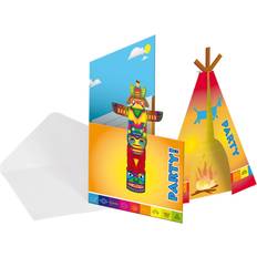 Vegaoo 8 Gestanzte Indianer Einladungskarten mit Umschlag Motive Marterpfahl oder Wigwam