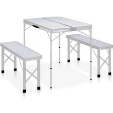 vidaXL Folding Camping Table with 2 Benches Aluminium White