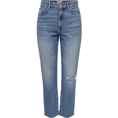 Only Emily High Waisted Destroyed Straight Fit Jeans - Blue/Light Medium Blue Denim