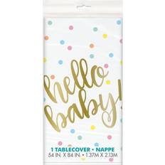 Bordduker Unique Party 73523 "Hello Baby" Gold Baby Shower Plastic Tablecloth, 7ft x 4.5ft