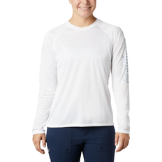 Columbia Women Clothing Columbia Women’s PFG Tidal Tee II Long Sleeve Shirt - White/Cirrus Grey Logo
