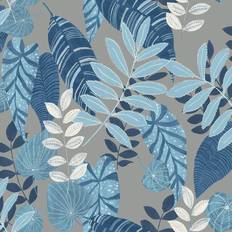 Seabrook Designs Tropicana Leaves Metallic Gray & Sky Blue Wallpaper blue