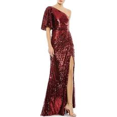 Mac Duggal Long Dresses Mac Duggal One-Shoulder Bell Sleeve Sequin Gown - Burgundy