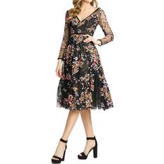Mac Duggal Knee Length Dresses Mac Duggal Floral Lace & Sequin Long Sleeve Dress - Black Multi