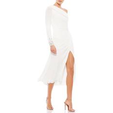Mac Duggal One-Shoulder Long Sleeve Chiffon Midi Dress - White
