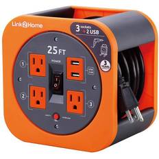 Power Strips & Extension Cords Link2Home Cord Reel 25' Extension Cord with 3 Power Outlets and 2 USB Ports