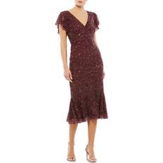 Mac Duggal Sequined Flutter Sleeve Midi Dress - Garnet