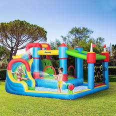 Water Sports OutSunny 5-in-1 Kids Inflatable Bounce Castle Jumping Castle Includes Slide Trampoline Pool Water Gun Climbing Wall with Carry Bag, Repair Patches