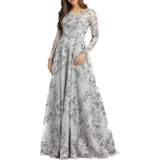 Mac Duggal Floral Long Sleeve A-Line Gown - Platinum