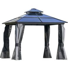 OutSunny Pavilions OutSunny 10 ft. x 10 ft. Black Polycarbonate Hardtop Patio Gazebo with Double-Tie Roof and Sidewall Nettings