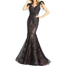 Black - Women Dresses Mac Duggal Illusion Sequin Lace Feather Sleeve Mermaid Gown - Black