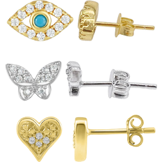 Adornia Heart Evil Eye and Butterfly Stud Set - Gold/Silver/Transparent