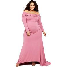 Maternity & Nursing Wear Motherhood Plus Size Off The Shoulder Maternity Maxi Dress Pink Rose