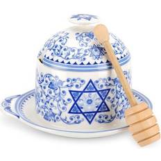 Blue Teapots Portmeirion Spode Judaica Honey Pot With Drizzler Blue/white white 2 Teapot