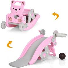 Plastic Rocking Horses Costway 4-in-1 Rocking Horse and Slide Set Toddler Slide Playset with Basketball Hoop, Pink