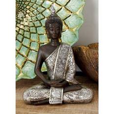 Litton Lane Polystone Sitting Thai Buddha Sculpture, Black/Silver