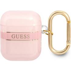 Guess AirPods 1/2 Skal Printed Stripe & Gold Hook Rosa