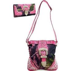 MG22WB109SET-PK CAM Women Bling Rhinestone Buckle Messenger Bag Wallet Set with Croc Trim Pink & Cam