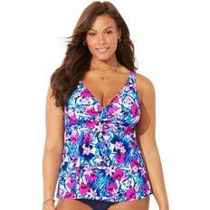 Pink Tankinis Plus Women's V-Neck Twist Tankini Top by Swimsuits For All in Tropical (Size 18)