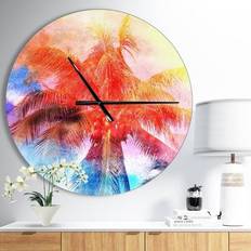Design Art Retro Palms Red Watercolor Oversized Traditional Wall CLock Wall Clock 23"