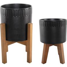 FloraBunda Dumpling Ceramic Pot with Wood Stand 2-pack
