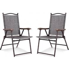 Costway Camping Costway Set of 2 Patio Folding Sling Back Camping Deck Chairs-Gray