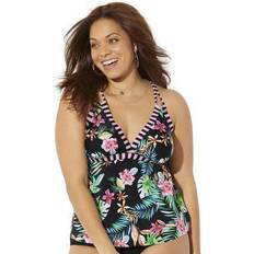 Women Tankinis Swimsuits For All Plus Women's Loop Strap Tankini Top in Tropical Stripe (Size 14)