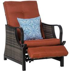 Rattan reclining chair Patio Furniture OutSunny Outdoor Patio Recliner with All Hand-Woven Wicker, Adjustable Lounge Chair w/ Cushions, Rust-Resistant Metal Frame for Backyard, Red Reclining Chair