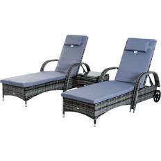 Patio Furniture OutSunny 3 Piece Rattan Wicker Adjustable Chaise Lounge Chair w/ Wheels Brown