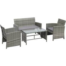 Patio Furniture OutSunny 4-Piece Wicker Patio Conversation Set with Light Grey Cushions Outdoor Lounge Set