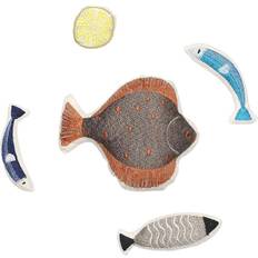 Ferm Living Embroidered Fish Cuddly toy 5 embroidered cuddly toys in cotton bag Multicoloured