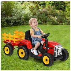 Costway Ride-On Toys Costway 12-Volt Kids Ride-On Tractor with Trailer Ground Loader with RC and Lights in Red