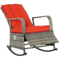 OutSunny Rattan Wicker Outdoor Rocking Chair Patio Recliner with Red Soft Cushion Adjustable Footrest Max 135-Degree Backres