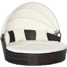 Outdoor Lounge Sets OutSunny 5 PCs Cushioned Outdoor Plastic Rattan Round Sofa Bed Table Set Beige Outdoor Lounge Set