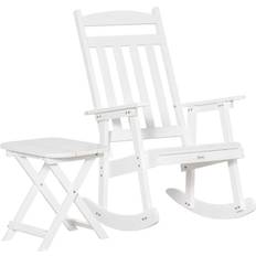 Garden table and chairs Patio Furniture OutSunny White Wood Outdoor Rocking Chair with Foldable Table for Patio, Backyard and Garden