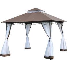 OutSunny Pavilions & Accessories OutSunny 10 x10 Metal Outdoor Gazebo Canopy with Mesh Protective Netting and Double-Tier Roof Coffee