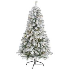 PVC Christmas Decorations Nearly Natural Pre-Lit LED Flocked Rock Springs Spruce Artificial Green&White Christmas Tree 60"