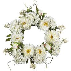White Decorations Nearly Natural Peony Hydrangea Wreath, White