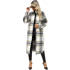 Uaneo Womens Casual Plaid Button Down Puff Sleeve Long Trench Coats Shackets