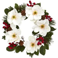 White Decorations Nearly Natural 26" Magnolia, Pine Berries Wreath