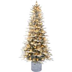 Puleo International 7.5' Pre-Lit Potted Flocked Arctic Fir Artificial Christmas Tree Christmas Tree