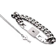 Jewelry Sets XR Brands Chained Locking Bracelet and Key Necklace Couples Set - Silver/Transparent