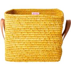 Gelb Aufbewahrungskörbe Rice Small Square Raffia Basket with Leather Handles Yellow