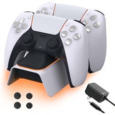 Gaming Accessories NexiGo PS5 Controller Charger with Thumb Grip Kit, Fast Charging AC Adapter, Dualsense Charging Station Dock for Dual 5 Controllers with LED Indicator, White